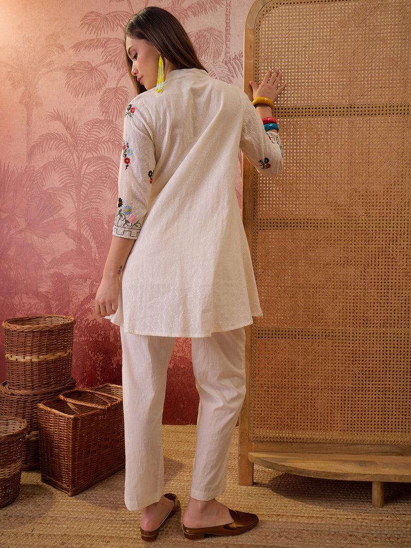 Stylum Women's Cream Solid & Embroidered Cotton Dobby Co-Ord Set (CSCREAMDORA)