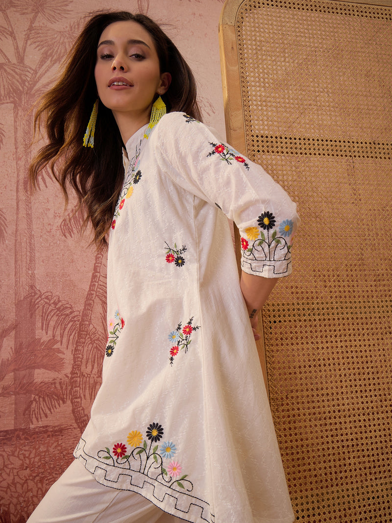Stylum Women's Cream Solid & Embroidered Cotton Dobby Co-Ord Set (CSCREAMDORA)