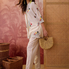 Stylum Women's Cream Solid & Embroidered Cotton Dobby Co-Ord Set (CSCREAMDORA)