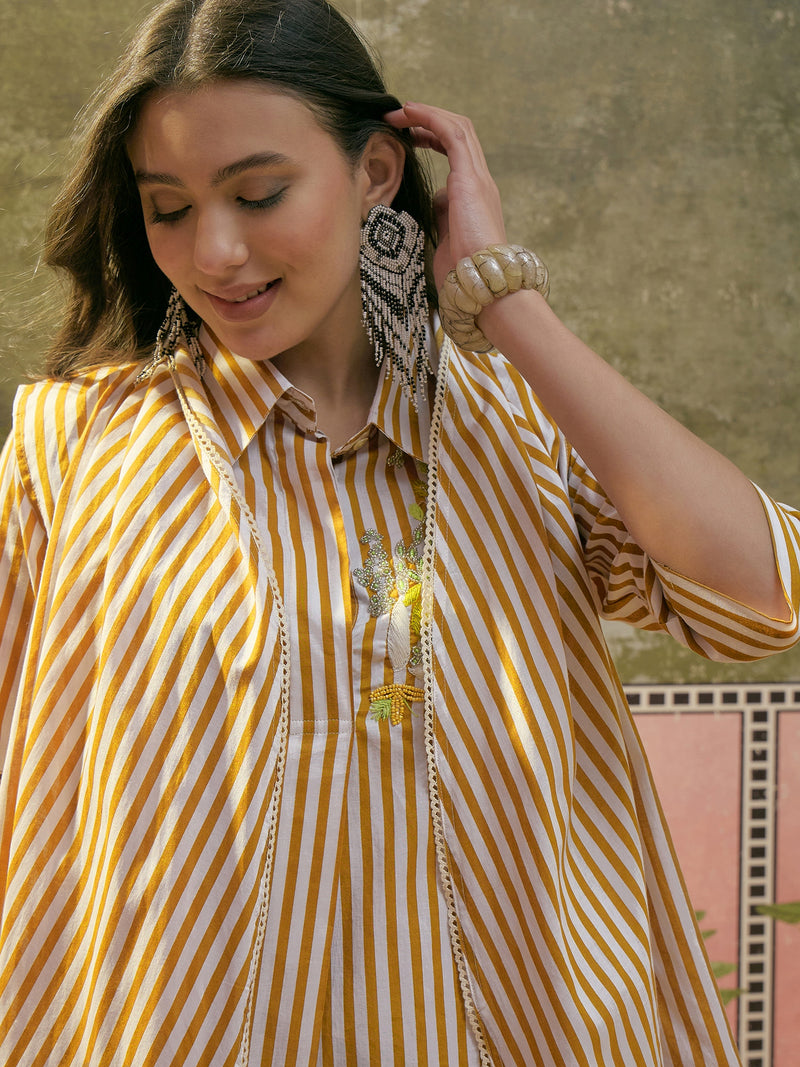 Stylum Women's Mustard Striped Printed Cotton High-Low Co-Ord Set (CSMUSTARDMOB)