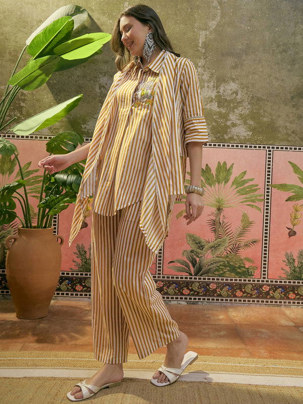 Stylum Women's Mustard Striped Printed Cotton High-Low Co-Ord Set (CSMUSTARDMOB)