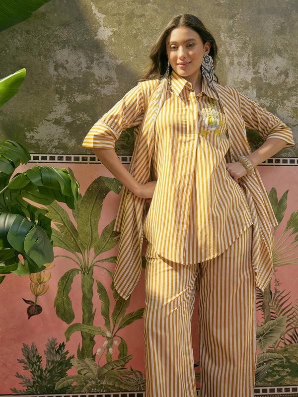 Stylum Women's Mustard Striped Printed Cotton High-Low Co-Ord Set (CSMUSTARDMOB)