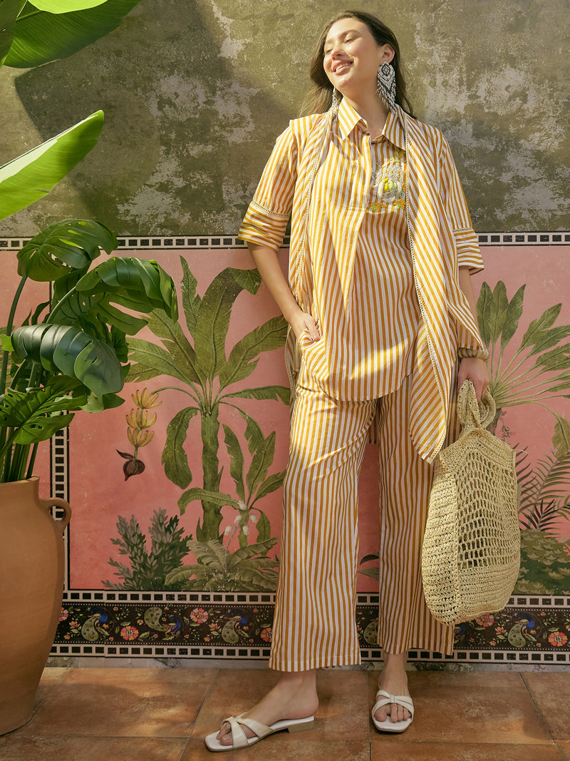 Stylum Women's Mustard Striped Printed Cotton High-Low Co-Ord Set (CSMUSTARDMOB)