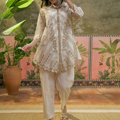 Stylum Women's Off White Solid & Embroidered Mulmul Cotton Co-Ord Set (ZZCSOFFWHITENESH)