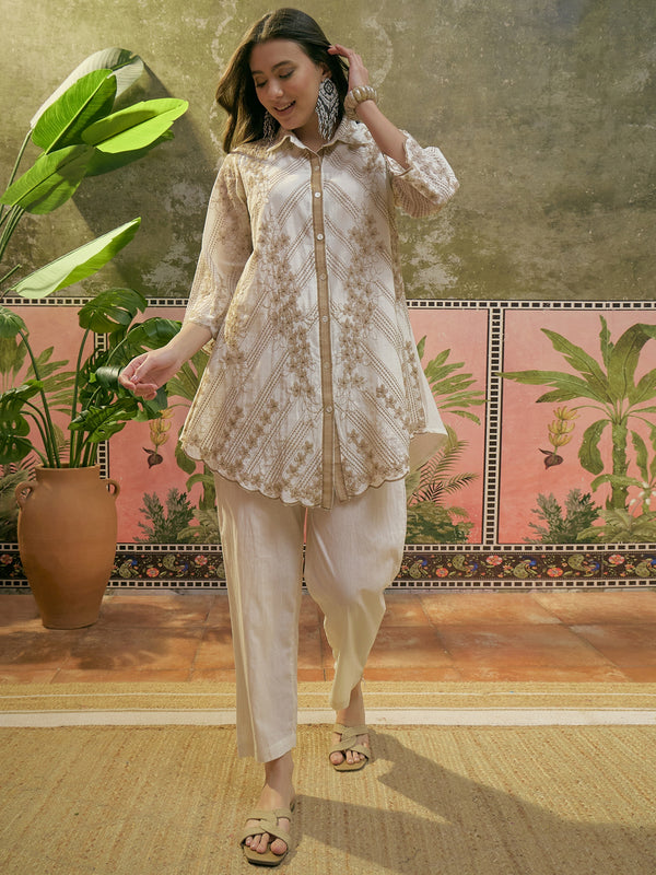 Stylum Women's Off White Solid & Embroidered Mulmul Cotton Co-Ord Set (ZZCSOFFWHITENESH)