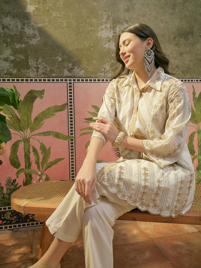 Stylum Women's Off White Solid & Embroidered Mulmul Cotton Co-Ord Set (ZZCSOFFWHITENESH)