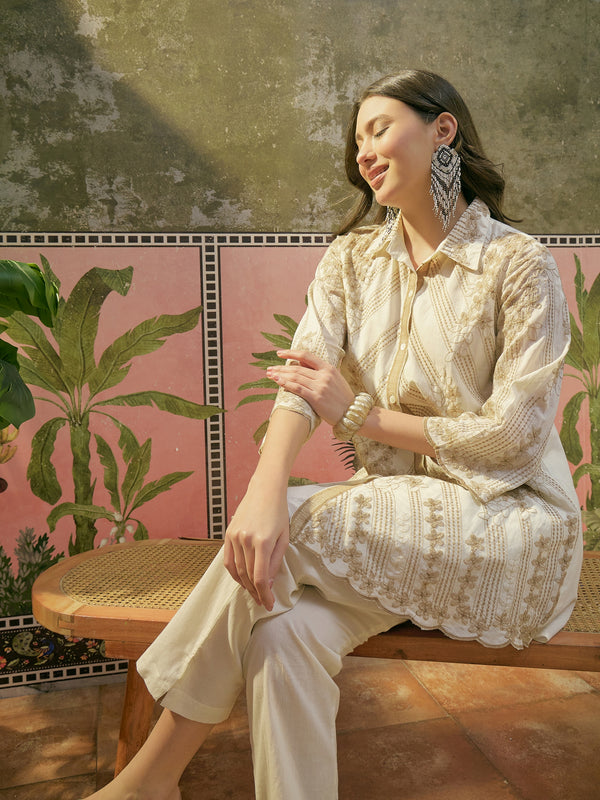Stylum Women's Off White Solid & Embroidered Mulmul Cotton Co-Ord Set (ZZCSOFFWHITENESH)