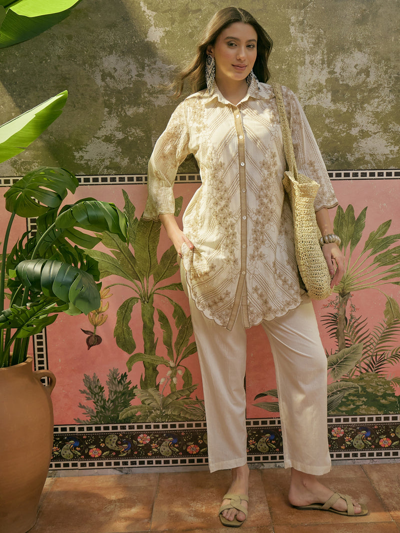 Stylum Women's Off White Solid & Embroidered Mulmul Cotton Co-Ord Set (ZZCSOFFWHITENESH)