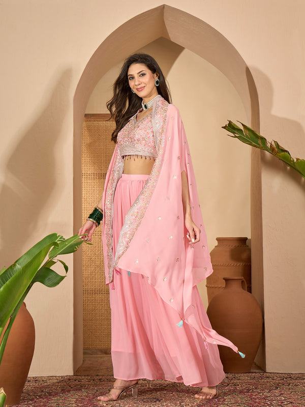 Stylum Women's Peach Solid & Embroidered Georgette Co-Ord Set (CSPEACHREXXA)