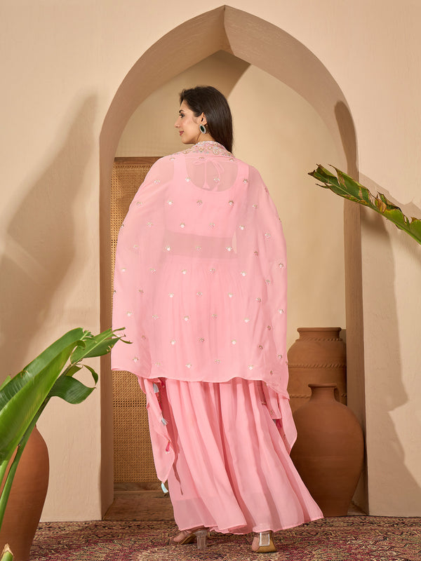 Stylum Women's Peach Solid & Embroidered Georgette Co-Ord Set (CSPEACHREXXA)