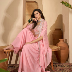 Stylum Women's Peach Solid & Embroidered Georgette Co-Ord Set (CSPEACHREXXA)