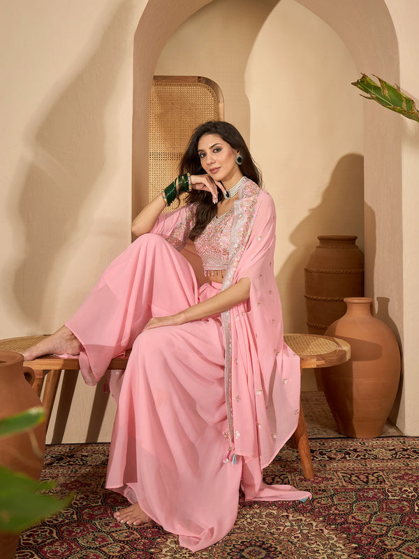Stylum Women's Peach Solid & Embroidered Georgette Co-Ord Set (CSPEACHREXXA)