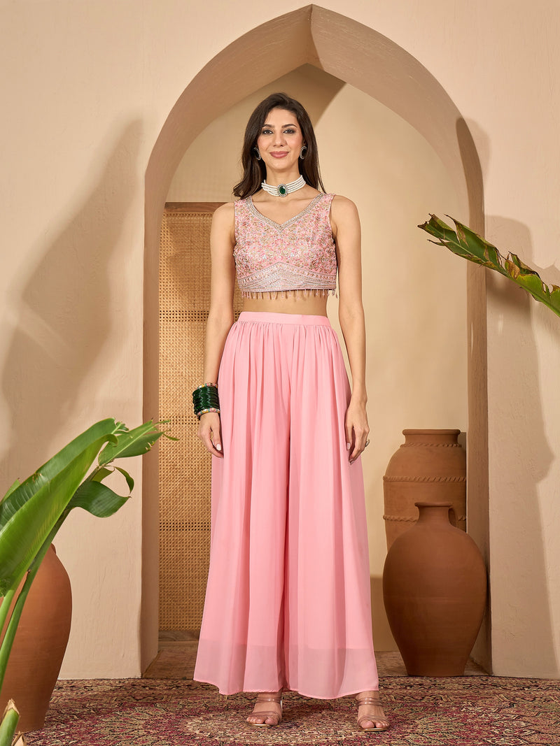 Stylum Women's Peach Solid & Embroidered Georgette Co-Ord Set (CSPEACHREXXA)