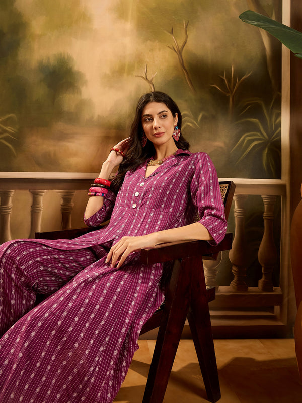 Stylum Women's Wine Woven Design Cotton Co-Ord Set (CSWINEMOON)