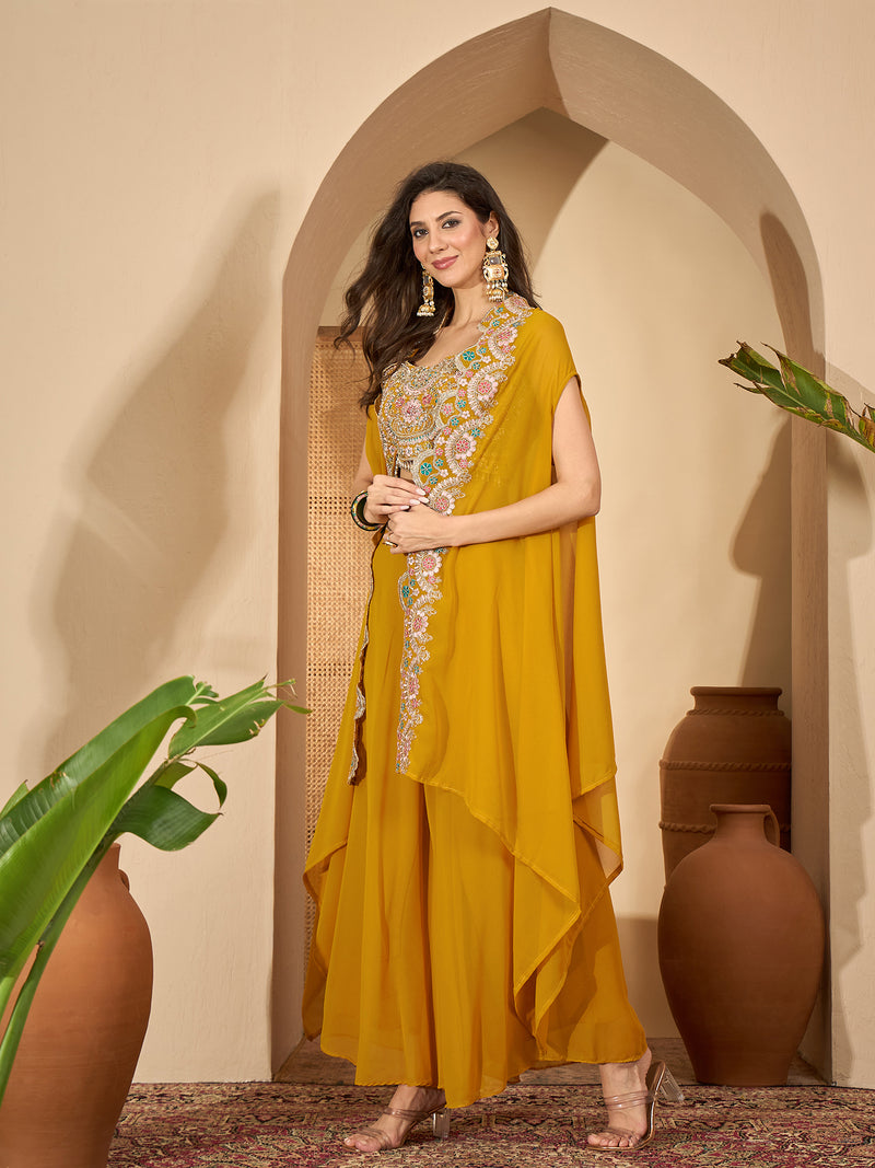Stylum Women's Yellow Solid & Embroidered Georgette Co-Ord Set (CSYELLOWFLY)