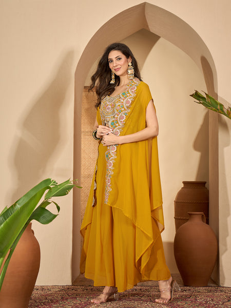Stylum Women's Yellow Solid & Embroidered Georgette Co-Ord Set (CSYELLOWFLY)