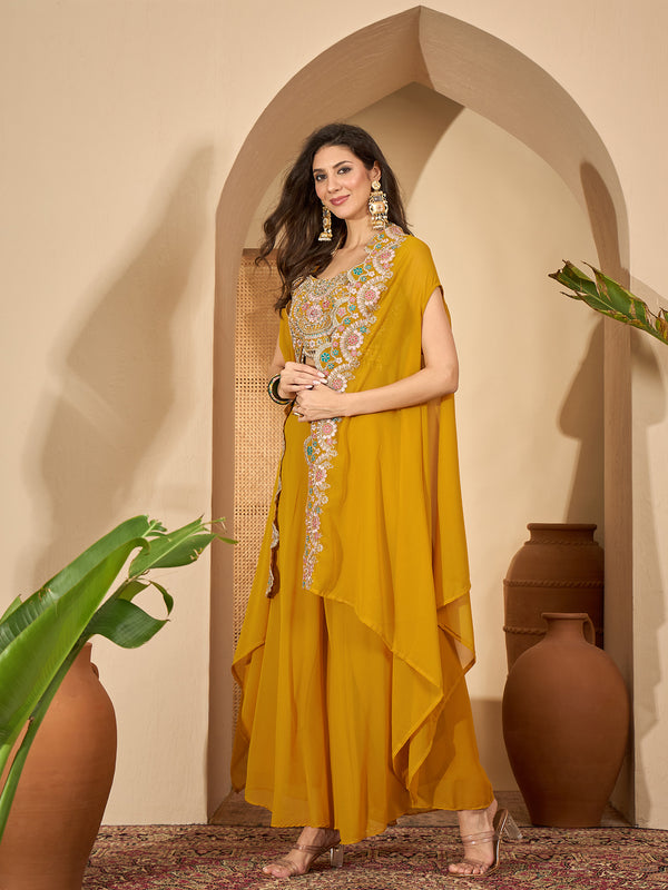 Stylum Women's Yellow Solid & Embroidered Georgette Co-Ord Set (CSYELLOWFLY)