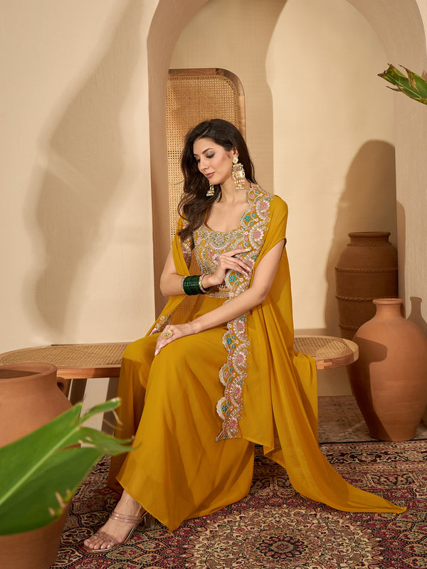 Stylum Women's Yellow Solid & Embroidered Georgette Co-Ord Set (CSYELLOWFLY)