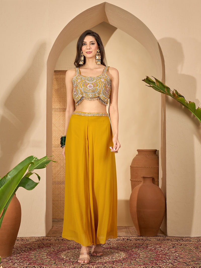 Stylum Women's Yellow Solid & Embroidered Georgette Co-Ord Set (CSYELLOWFLY)