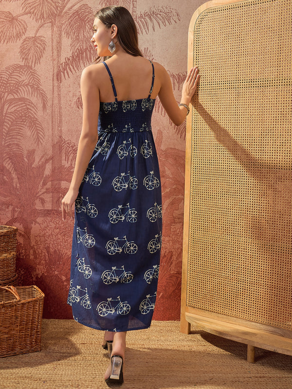 Stylum Women's Blue Printed Cotton Front Slit Dress (DRSBLUECYCLE)
