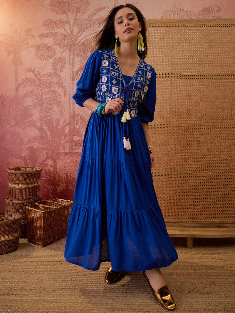 Stylum Women's Blue Solid & Embroidered Rayon Tiered Dress With Jacket (DRSBLUEFERRARI)
