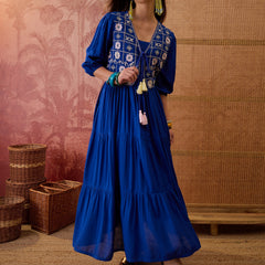 Stylum Women's Blue Solid & Embroidered Rayon Tiered Dress With Jacket (DRSBLUEFERRARI)