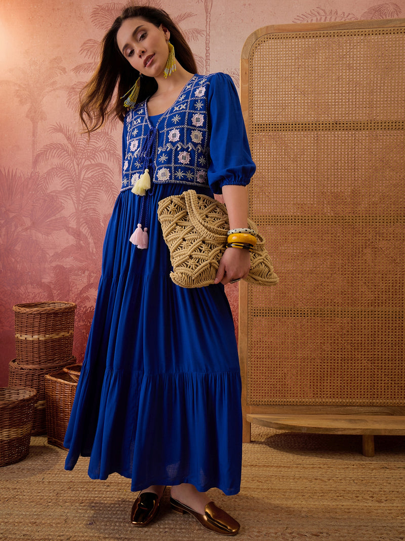 Stylum Women's Blue Solid & Embroidered Rayon Tiered Dress With Jacket (DRSBLUEFERRARI)