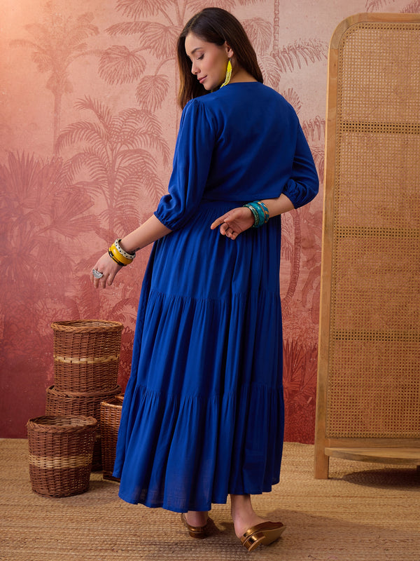 Stylum Women's Blue Solid & Embroidered Rayon Tiered Dress With Jacket (DRSBLUEFERRARI)