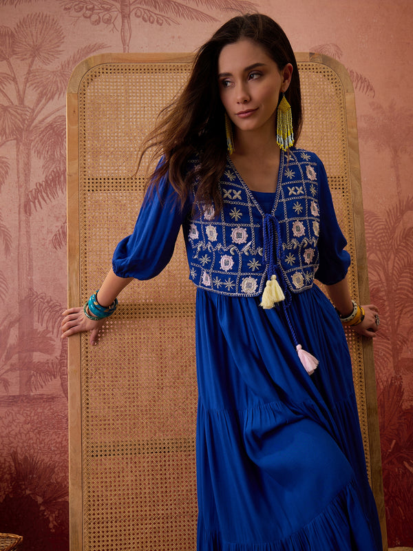 Stylum Women's Blue Solid & Embroidered Rayon Tiered Dress With Jacket (DRSBLUEFERRARI)
