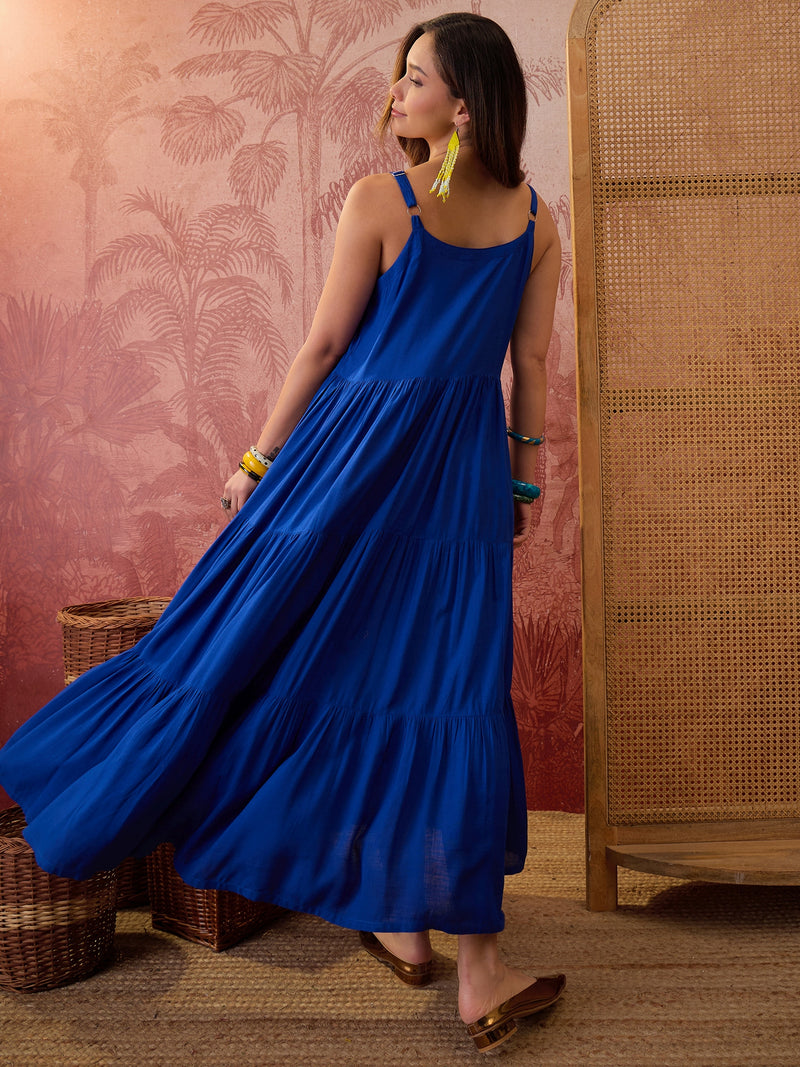 Stylum Women's Blue Solid & Embroidered Rayon Tiered Dress With Jacket (DRSBLUEFERRARI)