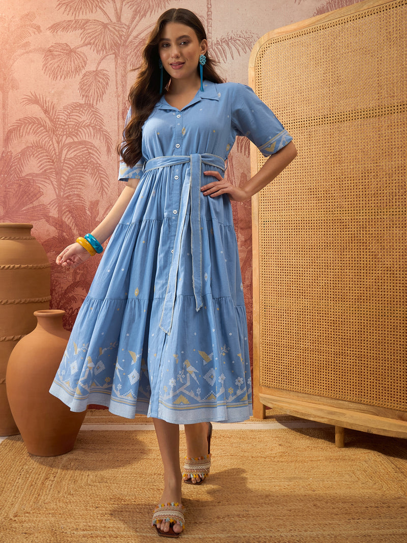 Stylum Women's Blue Solid Cotton Tiered Dress (DRSBLUEVIVORA)