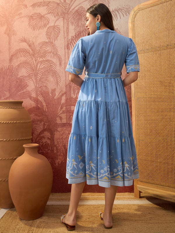 Stylum Women's Blue Solid Cotton Tiered Dress (DRSBLUEVIVORA)