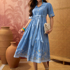 Stylum Women's Blue Solid Cotton Tiered Dress (DRSBLUEVIVORA)
