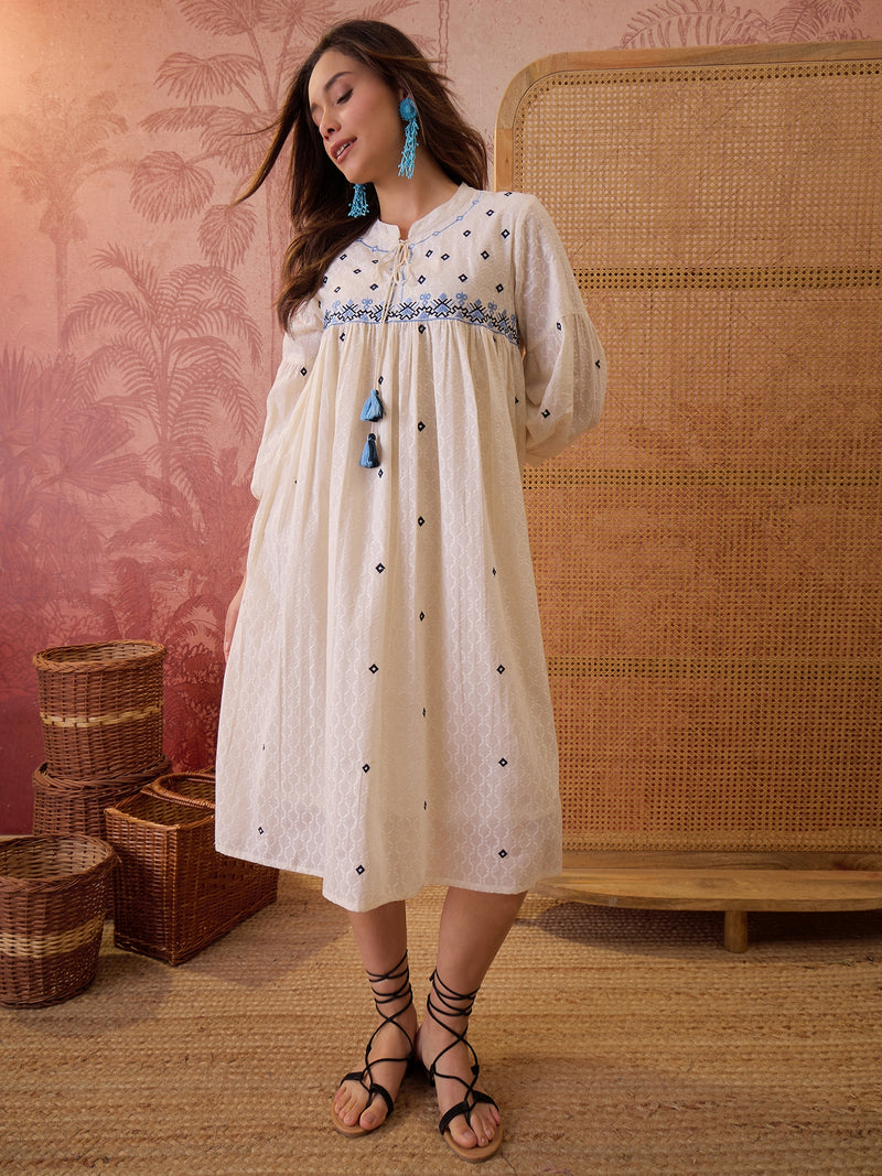 Stylum Women's Cream Self Design & Embroidered Cotton Dobby Empire Dress (DRSCREAMCHAMP)