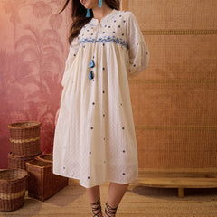 Stylum Women's Cream Self Design & Embroidered Cotton Dobby Empire Dress (DRSCREAMCHAMP)