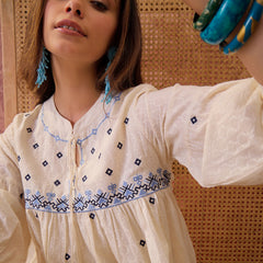 Stylum Women's Cream Self Design & Embroidered Cotton Dobby Empire Dress (DRSCREAMCHAMP)