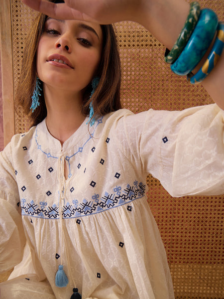 Stylum Women's Cream Self Design & Embroidered Cotton Dobby Empire Dress (DRSCREAMCHAMP)