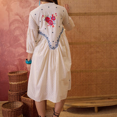 Stylum Women's Cream Self Design & Embroidered Cotton Dobby Empire Dress (DRSCREAMCHAMP)