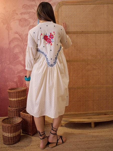 Stylum Women's Cream Self Design & Embroidered Cotton Dobby Empire Dress (DRSCREAMCHAMP)