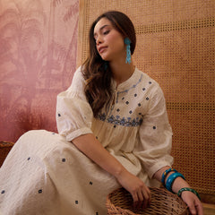 Stylum Women's Cream Self Design & Embroidered Cotton Dobby Empire Dress (DRSCREAMCHAMP)