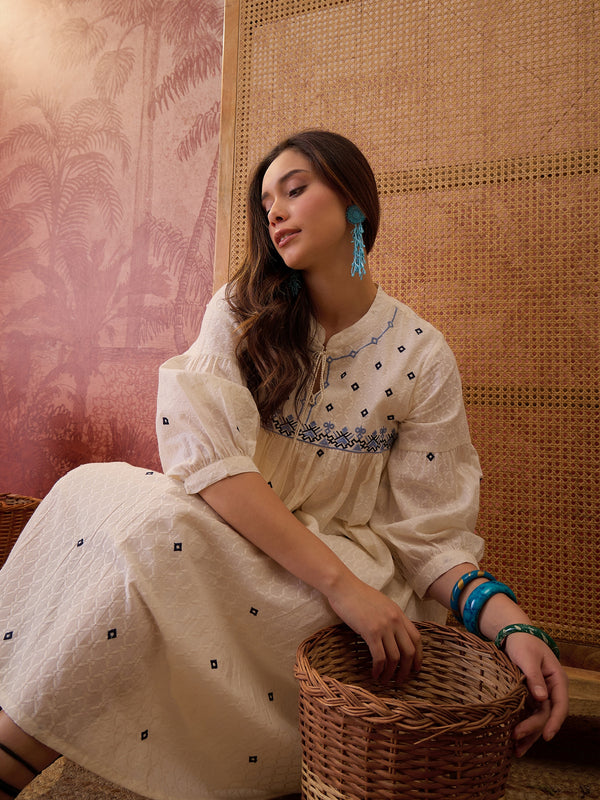 Stylum Women's Cream Self Design & Embroidered Cotton Dobby Empire Dress (DRSCREAMCHAMP)