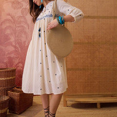 Stylum Women's Cream Self Design & Embroidered Cotton Dobby Empire Dress (DRSCREAMCHAMP)