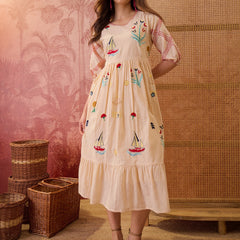 Stylum Women's Cream Woven Design & Embroidered Cotton Tiered Dress (DRSCREAMCOOKI)