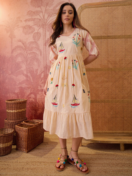 Stylum Women's Cream Woven Design & Embroidered Cotton Tiered Dress (DRSCREAMCOOKI)