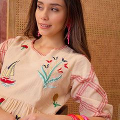 Stylum Women's Cream Woven Design & Embroidered Cotton Tiered Dress (DRSCREAMCOOKI)