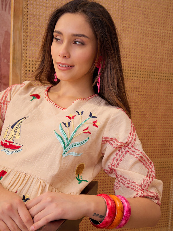 Stylum Women's Cream Woven Design & Embroidered Cotton Tiered Dress (DRSCREAMCOOKI)