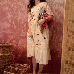 Stylum Women's Cream Woven Design & Embroidered Cotton Tiered Dress (DRSCREAMCOOKI)