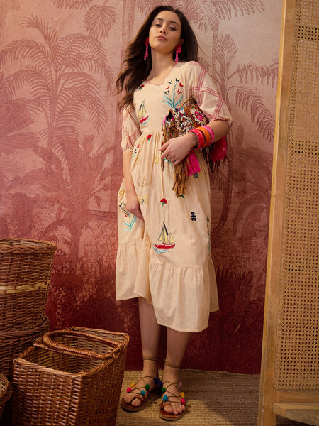 Stylum Women's Cream Woven Design & Embroidered Cotton Tiered Dress (DRSCREAMCOOKI)