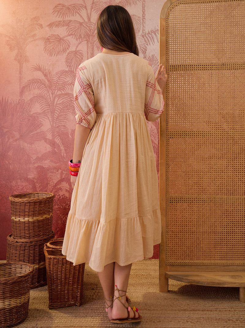 Stylum Women's Cream Woven Design & Embroidered Cotton Tiered Dress (DRSCREAMCOOKI)