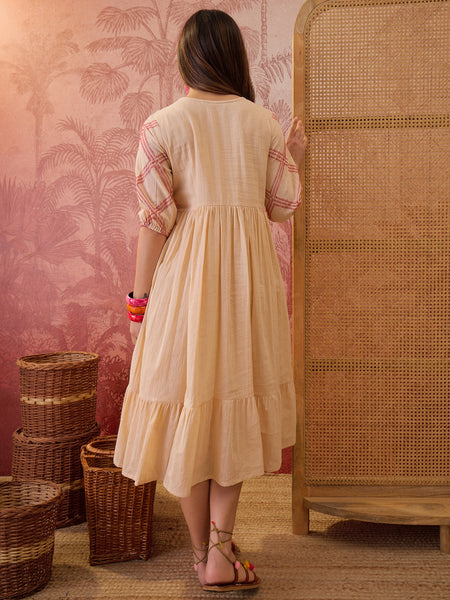 Stylum Women's Cream Woven Design & Embroidered Cotton Tiered Dress (DRSCREAMCOOKI)